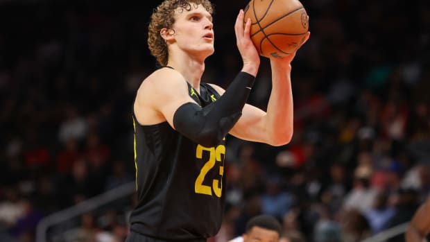 Feb 27, 2024; Atlanta, Georgia, USA; Utah Jazz forward Lauri Markkanen (23) shoots a free throw against the Atlanta Hawks in the second half at State Farm Arena. Mandatory Credit: Brett Davis-USA TODAY Sports